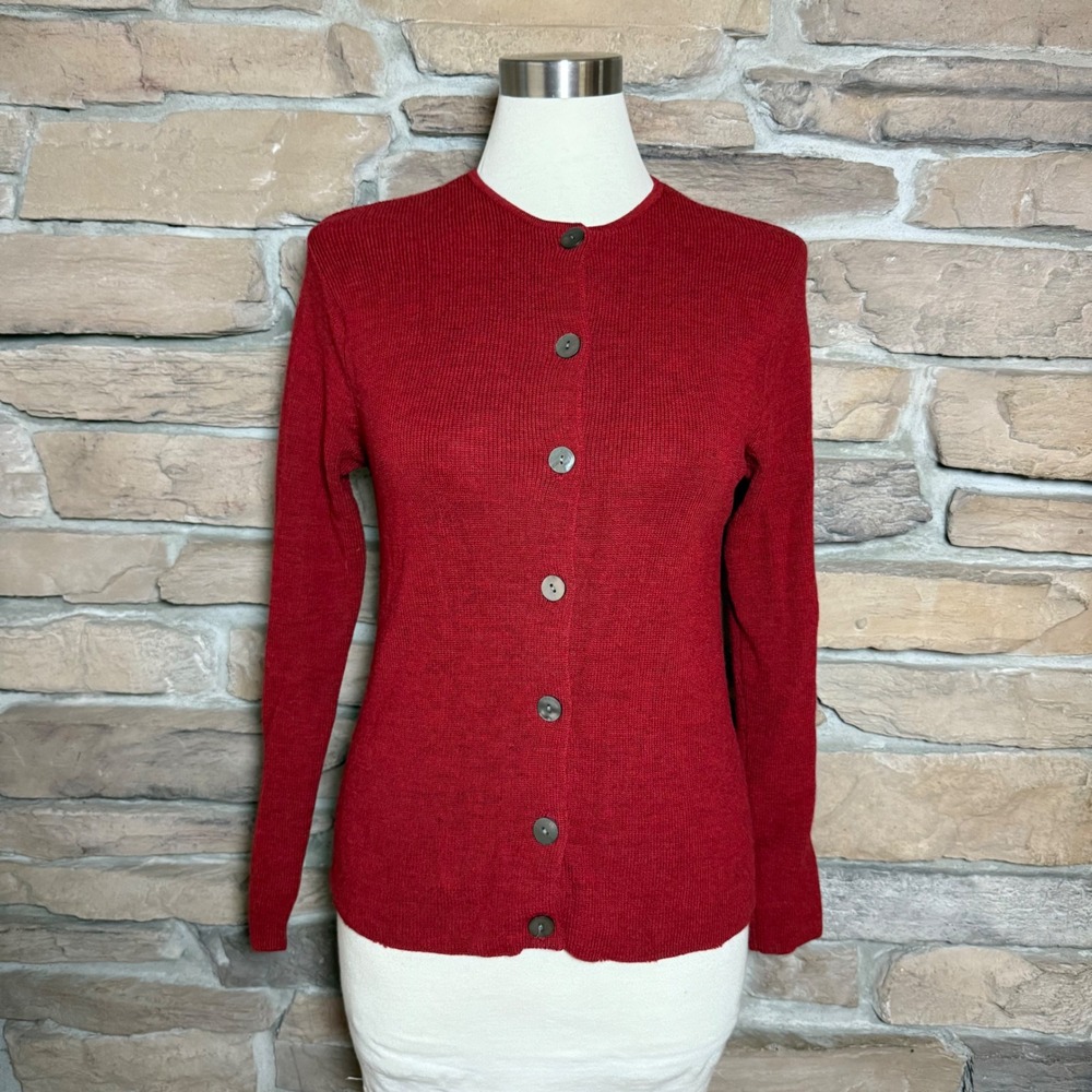 Vintage Talbots 100% Merino Wool Cardigan Red Button Front Sweater Petite P 90s